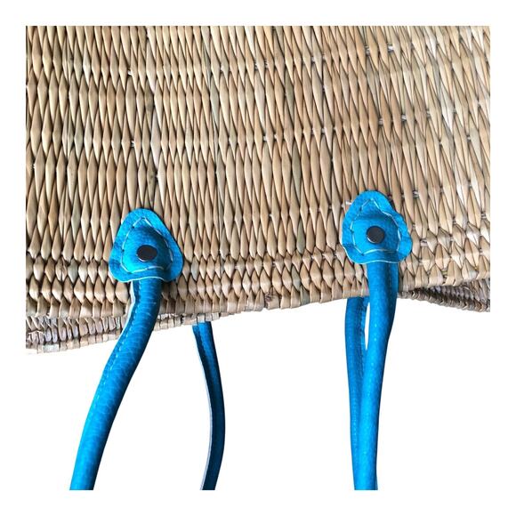 Misa Los Angeles Jane Straw Tote Bag With Blue Leather Double Handle NWOT - Picture 7 of 8